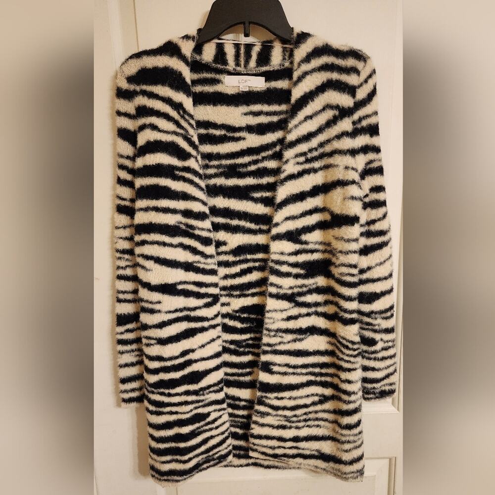 Soft Fuzzy Zebra Print Long Open Front Cardigan - image 1